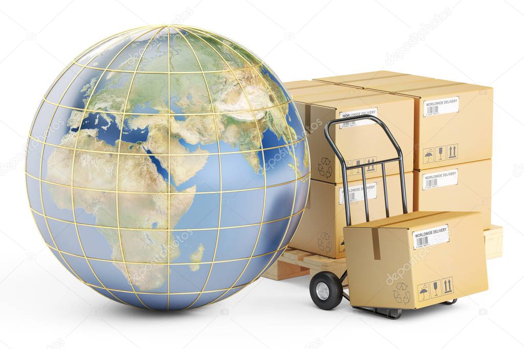Global shipping and delivery concept, parcels cardboard boxes an