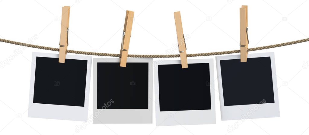 Blank instant photo hanging on the clothesline, 3D rendering