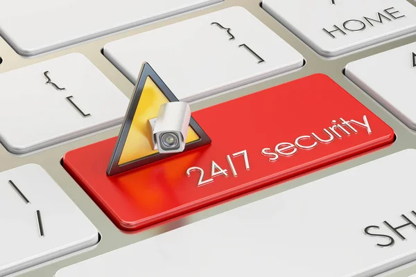 Concetto di sicurezza 24 / 7 sul pulsante della tastiera rossa, rendering 3D — Foto Stock