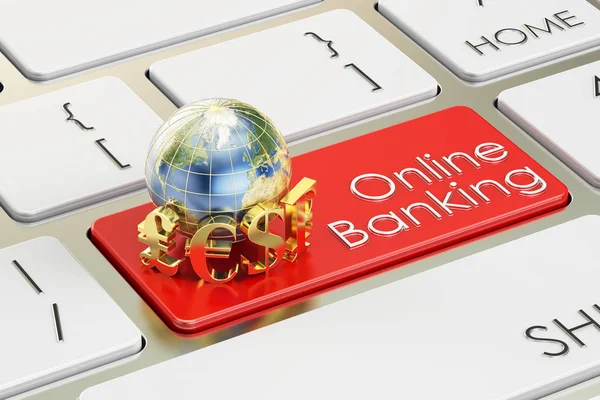 Concepto de banca en línea en el botón rojo del teclado, renderizado 3D — Foto de Stock
