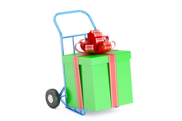 Concepto de entrega de regalo. Caja de regalo en camión de mano, representación 3D — Foto de Stock