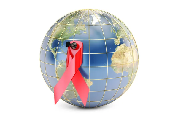 HIV Aids povědomí červenou stuhou s zemi, 3d vykreslování — Stock fotografie