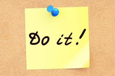 Yap! Corkboard için sabitlenmiş bir yapışkan not metni. 3D render