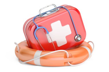 İlk yardım çantası ve hayat şamandıra. İlk yardım kavramı, 3d render