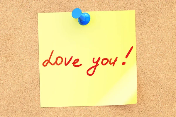¡Te amo! Texto en una nota pegajosa fijada a un corcho. Renderizado 3D — Foto de Stock