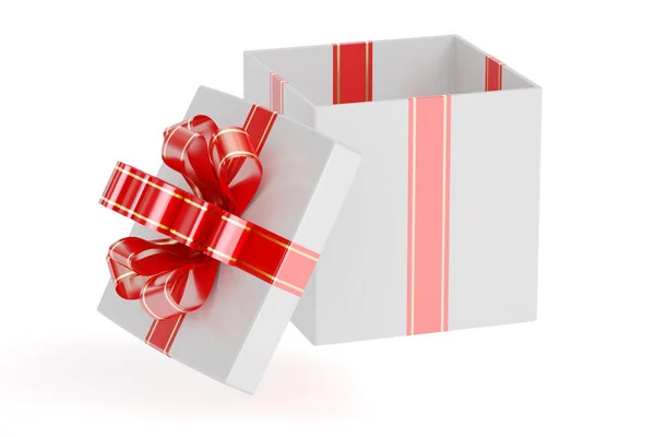 Fehér üres ajándék doboz-val piros szalag és íj, 3d-leképezés — Stock Fotó
