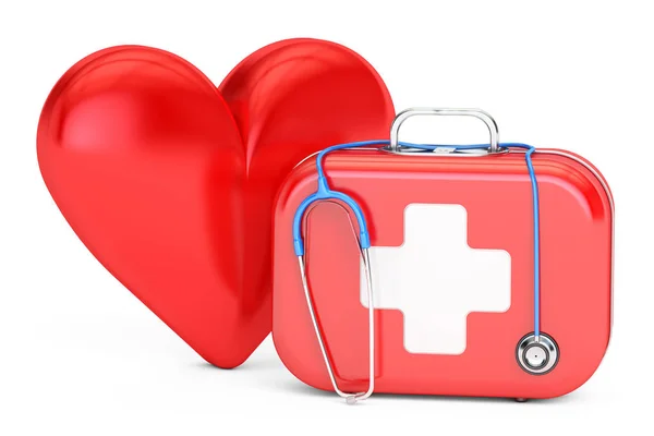 Verbandskasten mit Stethoskop und rotem Herz. Erste Hilfe Konzept. — Stockfoto