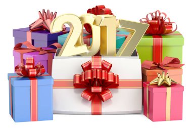 Hediye kutuları 2017 ile yeni yıl ve Xmas kavramı. 3D render
