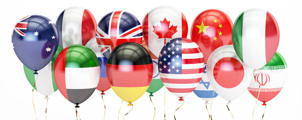 Balloons with different flags of countries, holyday concept. 3D 