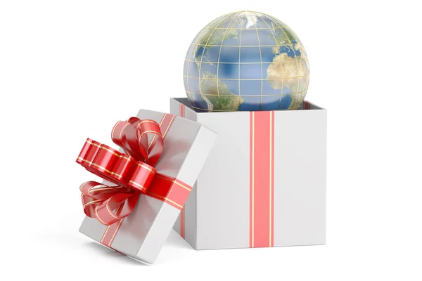 Open gift box with globe, 3D rendering — Stock Photo, Image