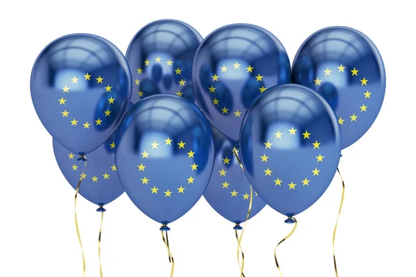 Palloncini con bandiera dell'Unione Europea, concetto di giorno di vacanza. Rendering 3D — Foto Stock