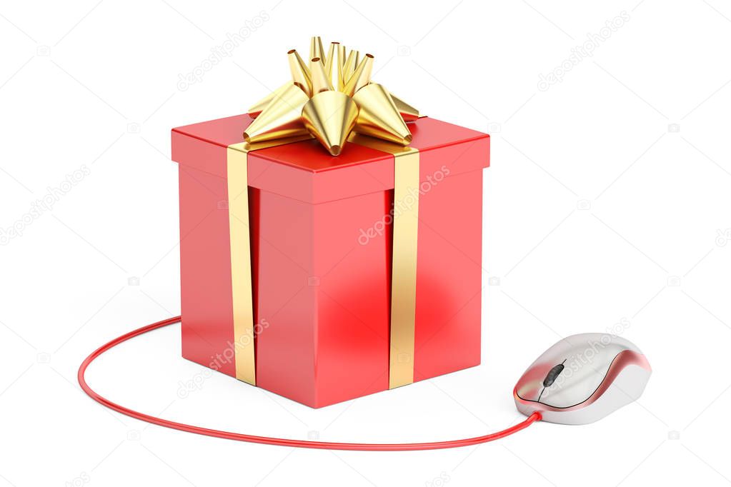 Gift box with computer mouse. Online shopping concept, 3D render