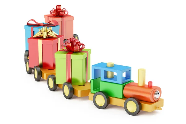 Spielzeugeisenbahn aus Holz mit farbigen Geschenkboxen, 3D-Rendering — Stockfoto