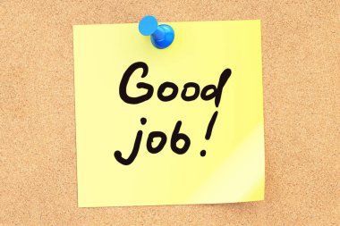 Güzel iş! Corkboard için sabitlenmiş bir yapışkan not metni. 3D render