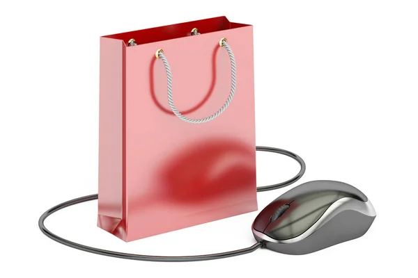 Concetto di e-shopping, shopping bag con mouse del computer. Renderi 3D — Foto Stock