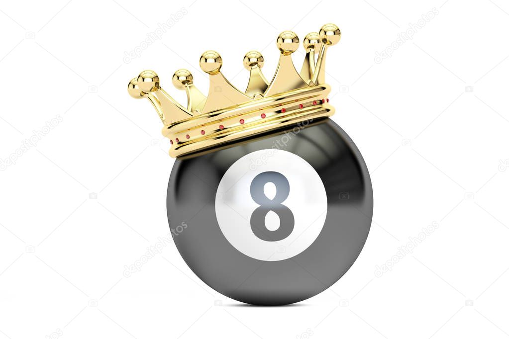 Billiard black eight ball with golden crown, 3D rendering