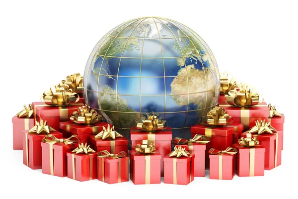 Концепція глобальних покупок та доставки подарунків, Земля з червоним подарунком b — стокове фото