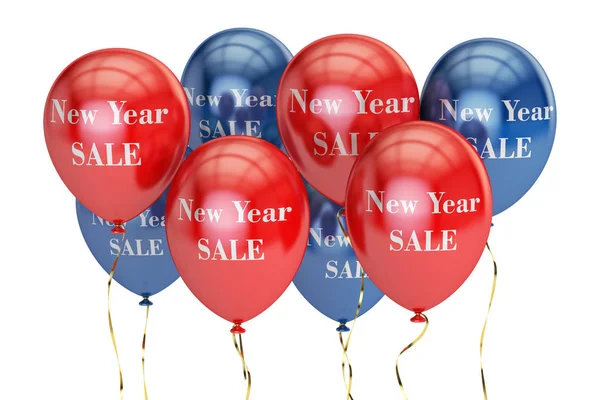 Nový rok prodej a slevy koncept s barevnými balónky. 3D ren — Stock fotografie