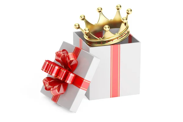 stock image Gift box with golden crown, 3D rendering