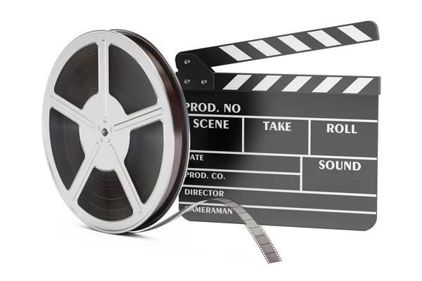 Conceito de cinema. Clapperboard com bobinas de filme, renderização 3D — Fotografia de Stock