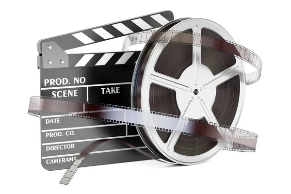 Cinema and cinematography concept. Clapperboard with film reels, — Stock Photo, Image