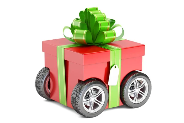 Caja de regalo roja sobre ruedas, concepto de entrega de regalo. Renderizado 3D — Foto de Stock