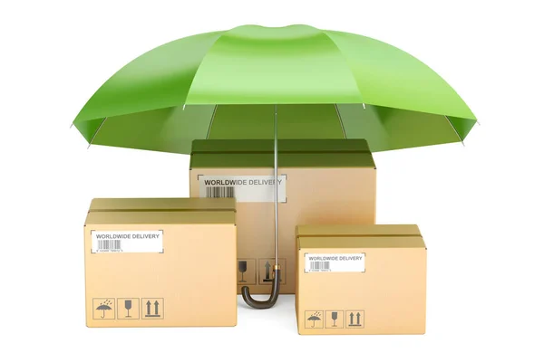 Концепция доставки безопасности, зонтик с картонными коробками, посылками . — стоковое фото