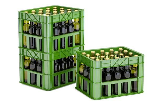 Groene plastic kratten met bierflesjes, 3D-rendering — Stockfoto