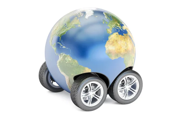Земля з колесами, подорожами або концепцією доставки по всьому світу, 3D render — стокове фото