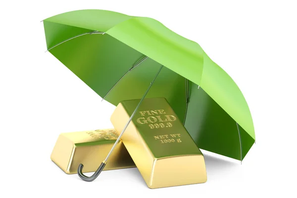 Gold ingots with umbrella, financial insurance and business stab — Stock Photo, Image
