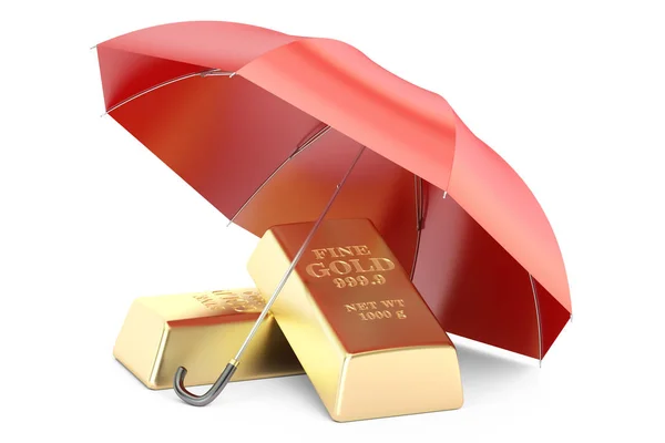 Золотые слитки с зонтиком, финансовое страхование и бизнес-удар — стоковое фото