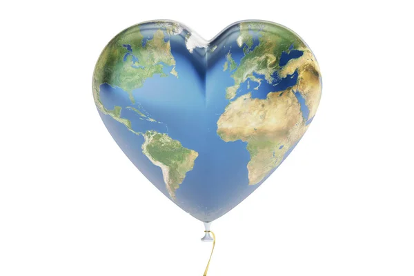 Balloon in the shape of hearts with map of earth, 3D rendering — Stock Photo, Image