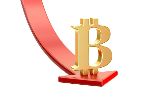 Падіння червона стрілка з символом bitcoin, криза концепції. 3D Рен — стокове фото