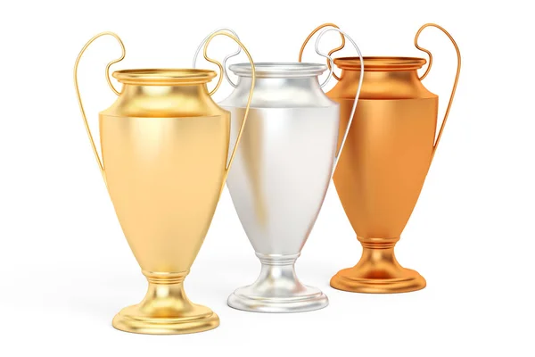 Arany, ezüst és bronz trófea csészék, 3d-leképezés — Stock Fotó
