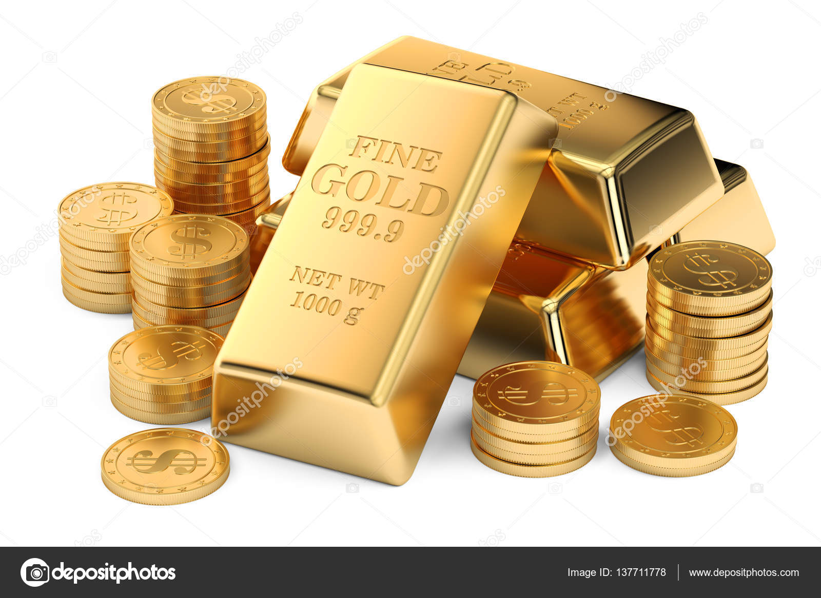 Lingotes de oro y monedas, representación 3D — Foto de stock #137711778 ©  alexlmx, image size:1600x1167
