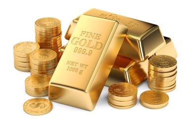 Altın külçeler ve paralar, 3d render