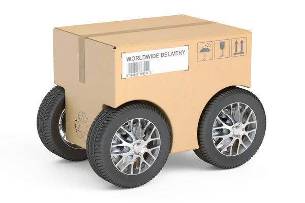 Pacote com rodas de carro, conceito de entrega rápida. Renderização 3D — Fotografia de Stock