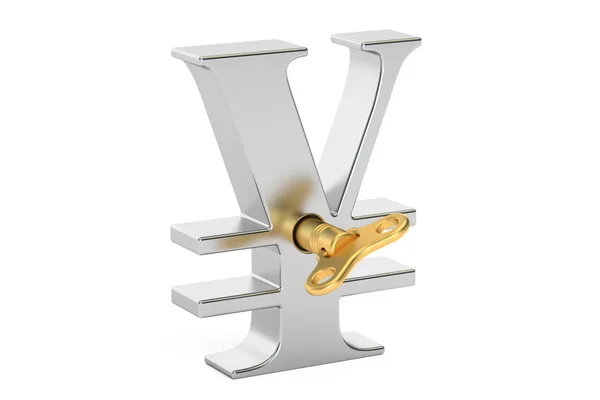 Yen symbool met wind-up sleutel, 3D-rendering — Stockfoto
