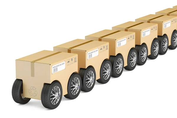 Fila de parcelas com rodas, conceito de entrega rápida. Renderização 3D — Fotografia de Stock