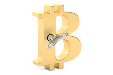 Altın bitcoin sembolü ile kurmalı anahtar, 3d render