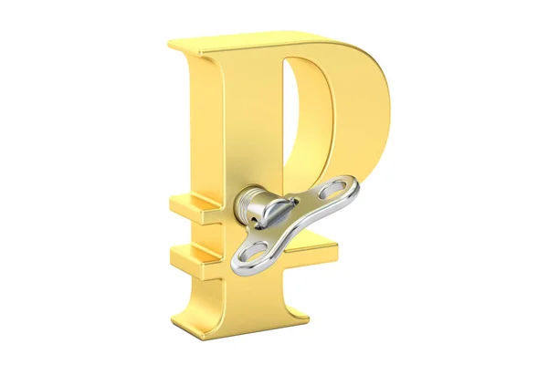 Goldenes Rubel-Symbol mit Aufziehschlüssel, 3D-Rendering — Stockfoto