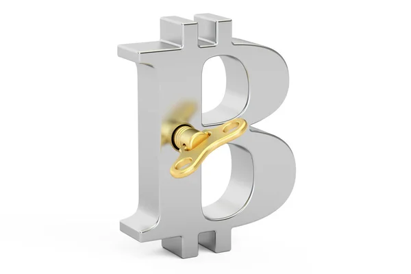 Silver bitcoin symbol with wind-up key, 3D rendering — Stock Photo, Image