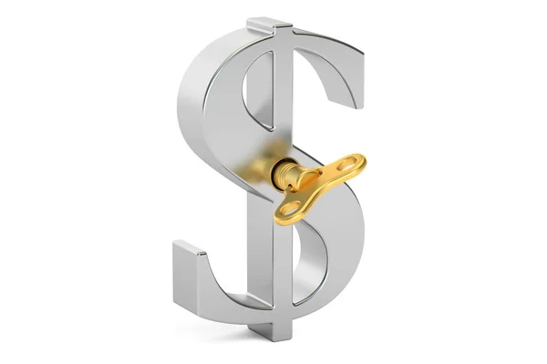 Stříbrný dolar symbol wind-up klíčem, vykreslování 3d objektů — Stock fotografie
