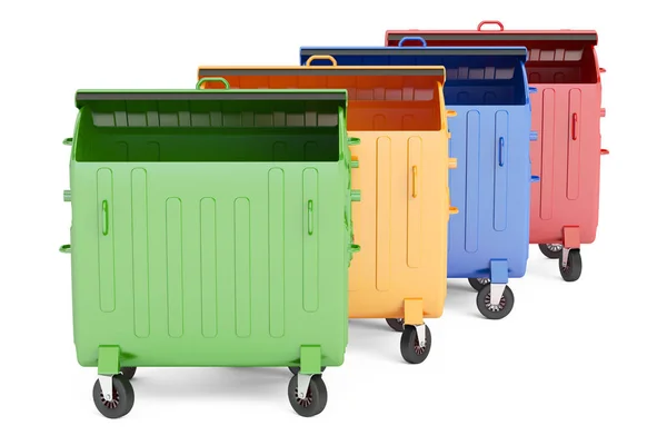 Набір відкритих кольорових сміттєвих контейнерів, 3D рендеринг — стокове фото