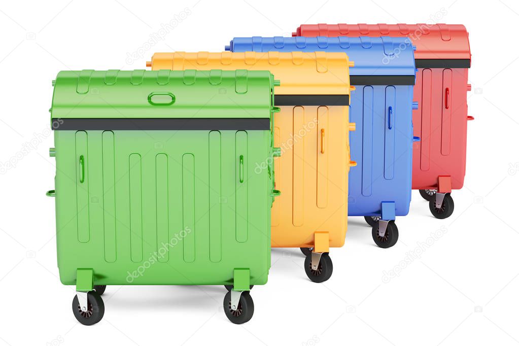 closed colored garbage containers, 3D rendering