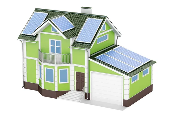 Будинок з сонячними панелями, 3D візуалізація — стокове фото