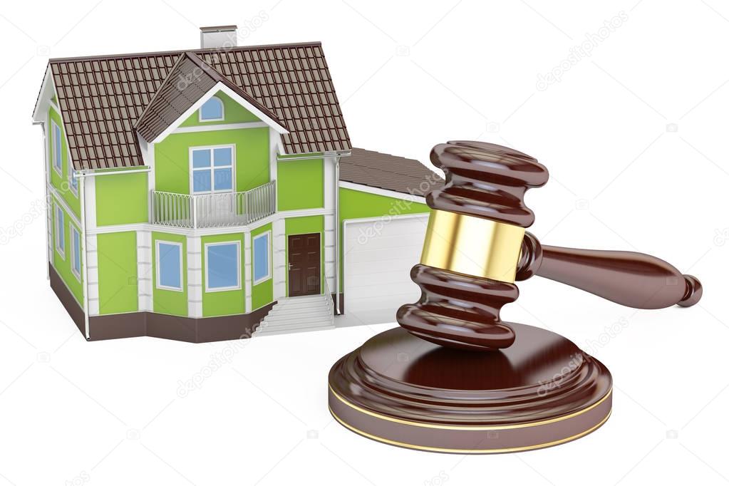 House with gavel, auction concept, 3D rendering