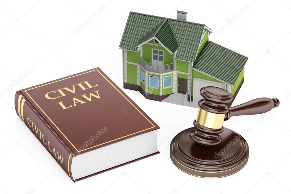 Civil law concept, house with gavel and book. 3D rendering