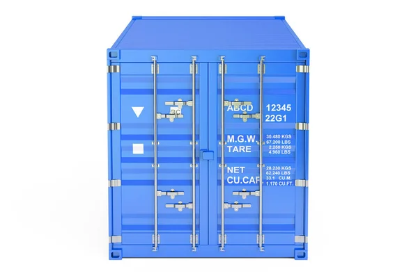 Blå Last container, framifrån. 3D-rendering — Stockfoto