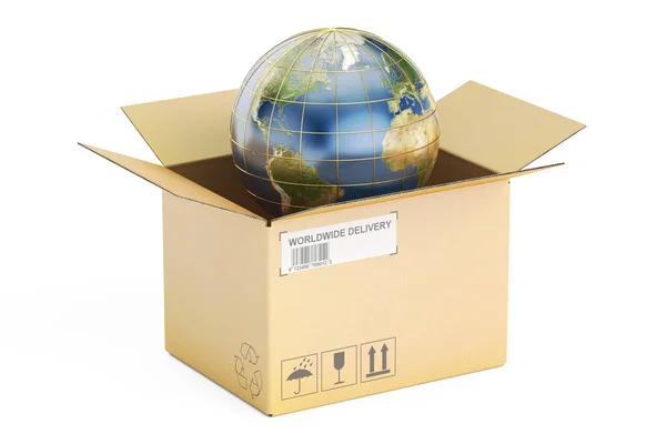 Concepto global de envío y entrega, paquete abierto con la Tierra . — Foto de Stock